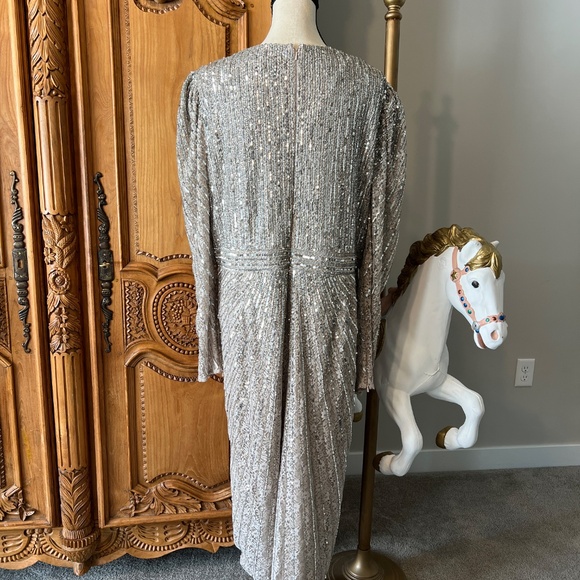 NWT Mac Duggal 93676 [20] Silver Beaded Lace Long Sleeve Midi Dress Cocktail - Picture 7 of 12